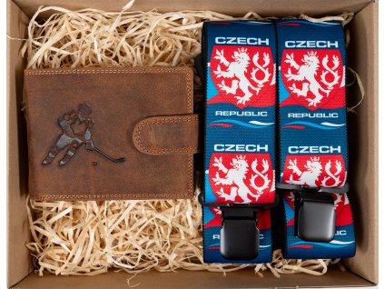 Dárkový set pro muže - Kožená peněženka a kšandy - Hokejista