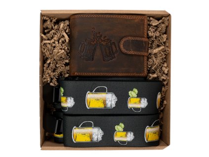 Dárkový set pro muže - Kožená peněženka s přezkou a kšandy - Pivo