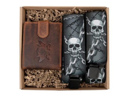 Dárkový set pro muže - Kožená peněženka a kšandy - Lebka
