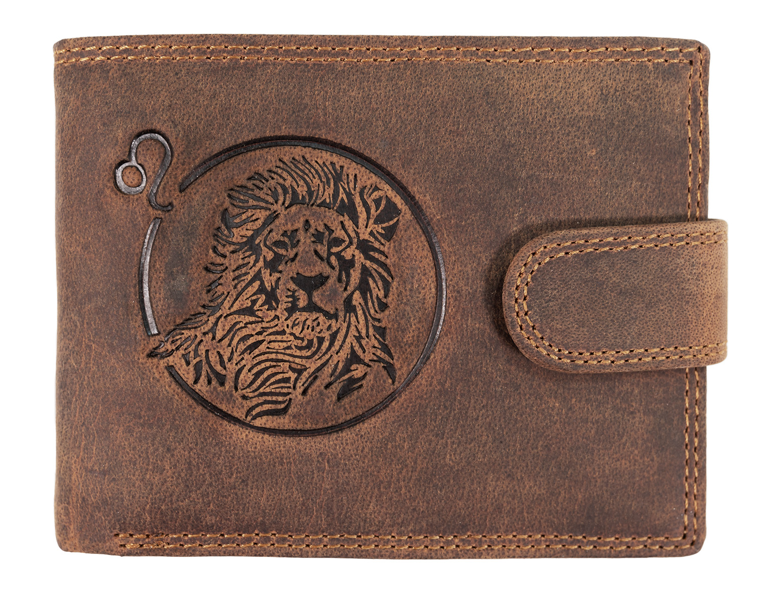 Levně WILD Pánská kožená peněženka s přeskou s obrázky znamení - LEV - hnědá