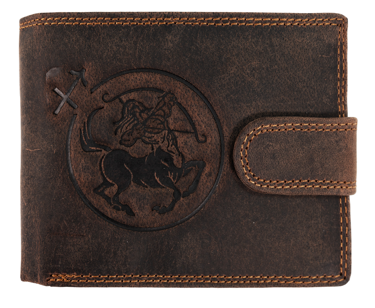 WILD Pánská kožená peněženka s přeskou s obrázky znamení - STŘELEC - hnědá