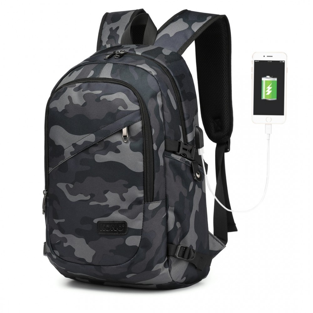 Levně KONO unisex batoh s USB portem - camo - 20L