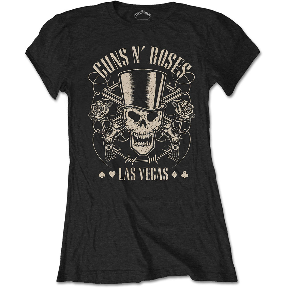 Levně RockOff Guns N' Roses dámské bavlněné tričko: TOP HAT, SKULL & PISTOLS LAS VEGAS - černé