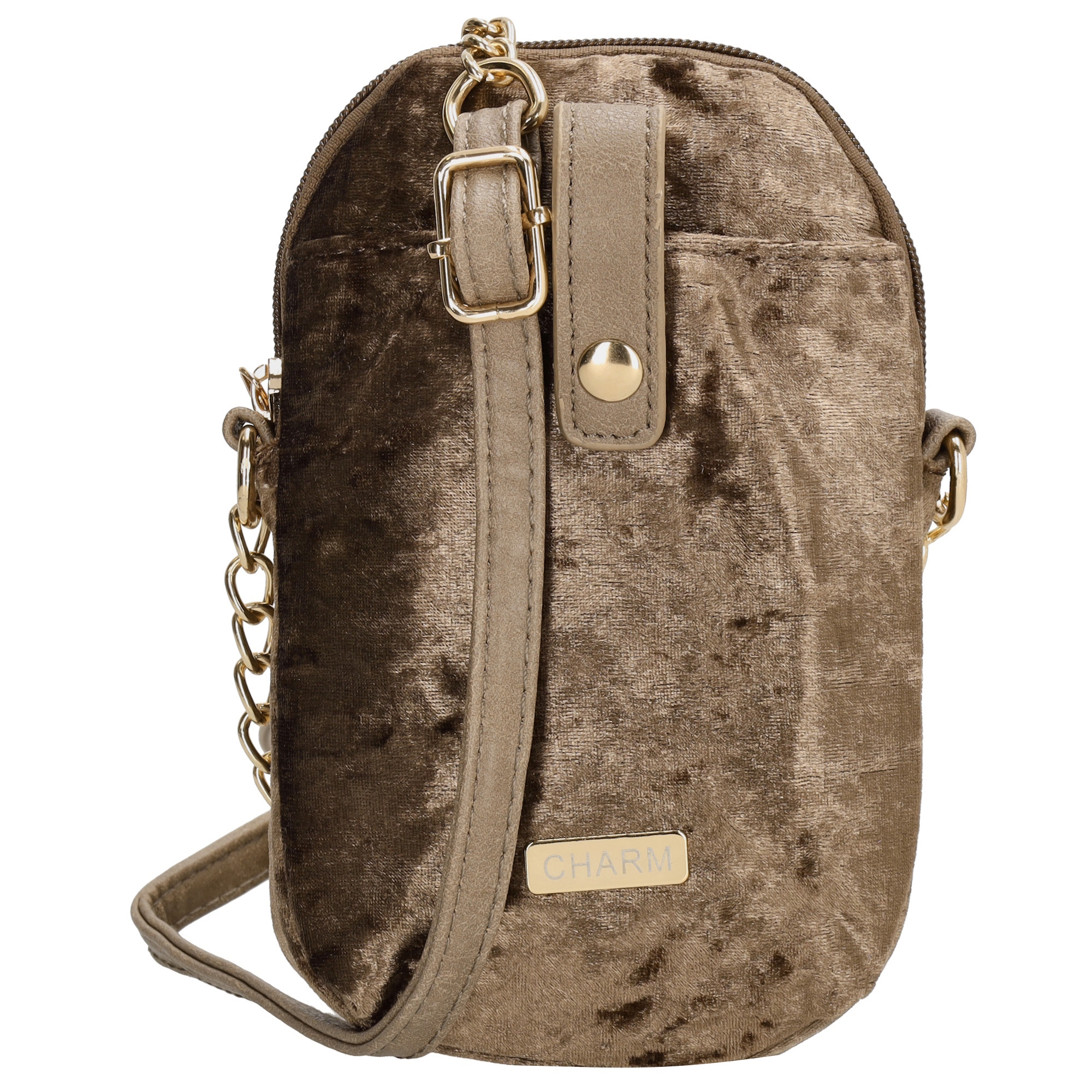 Levně Charm London dámská crossbody sametová kabelka na mobil - bronz