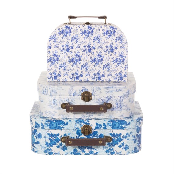 Levně Sass & Belle set 3 kartonových kufříků Celeste Blue And White Floral - 3 velikosti