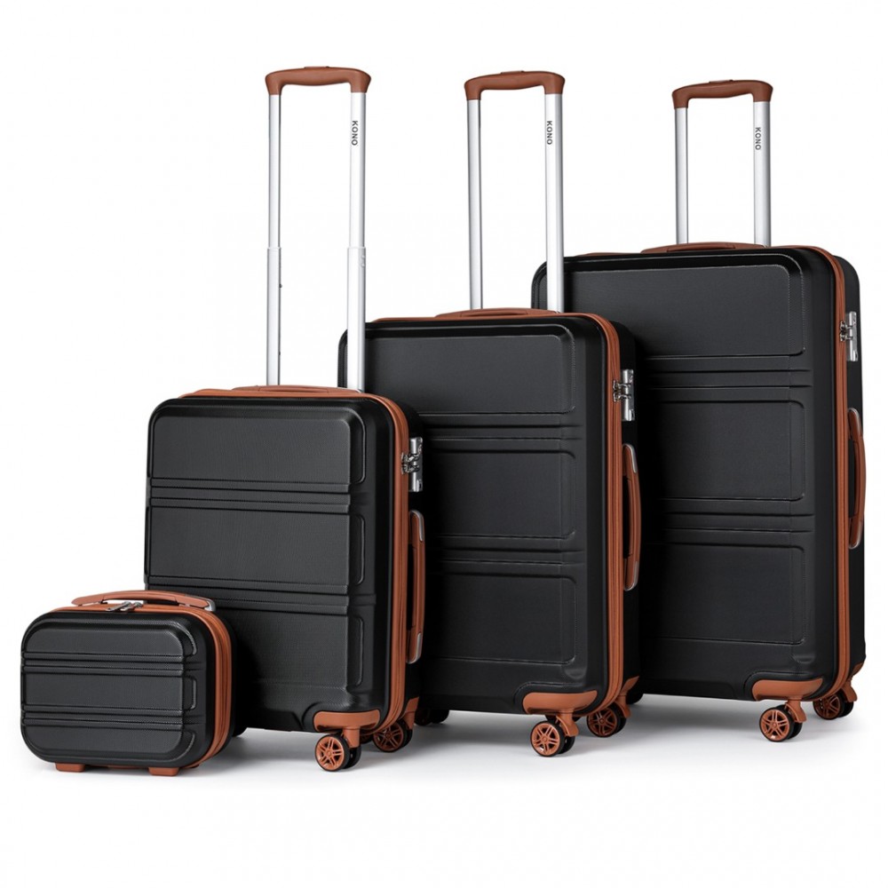 Levně KONO Set 4 cestovních kufrů s horizontálním designem - ABS - černo hnědá 10L/44L/66L/96L
