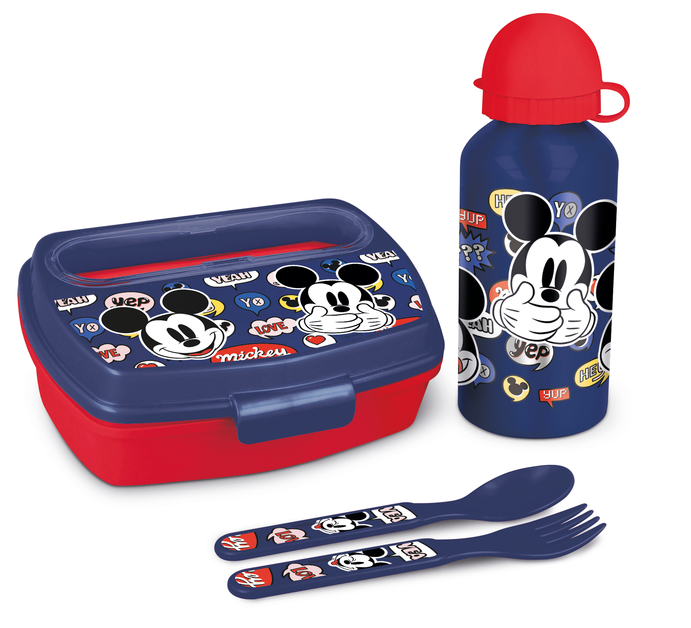 Levně Disney Dárkový set Mickey Mouse svačinový box s příborem a láhev 400 ml