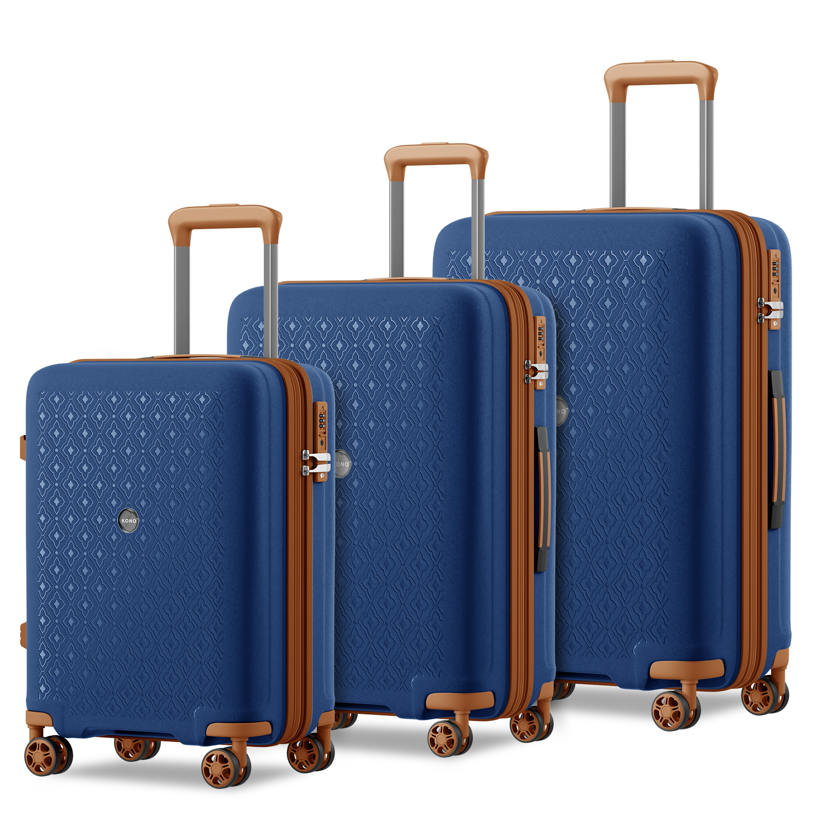 Kono 2594 Sada 3 kufrů spinner 53.5/65/76cm Modrá/Hnědá Polypropylen Rozšiřitelný