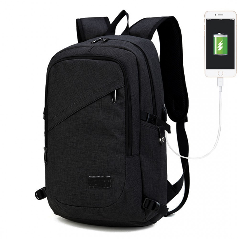 Levně KONO unisex batoh s USB portem - černý - 20L