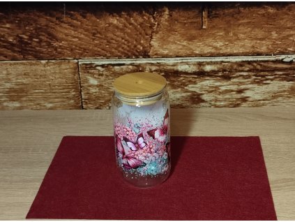 Sklenice Růžový motýli s drobnými květy polep