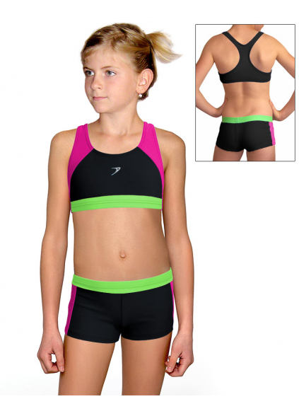 Dívčí sportovní plavky dvoudílné s nohavičkou PD664 černá s růžovou a reflexní zelenou