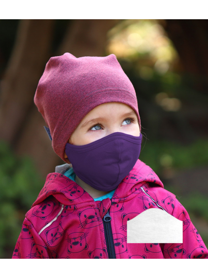 Bavlněná rouška DVOUVRSTVÁ S KAPSOU tmavě fialová  + 1ks filtru - pro děti (cca 3-12 let)