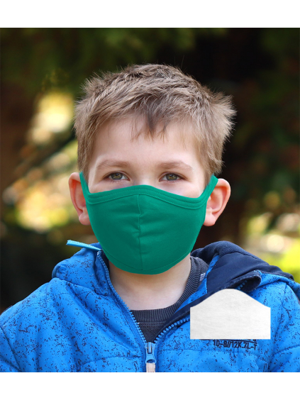 Bavlněná rouška DVOUVRSTVÁ S KAPSOU tmavě zelená  + 1ks filtru - pro děti (cca 3-12 let)