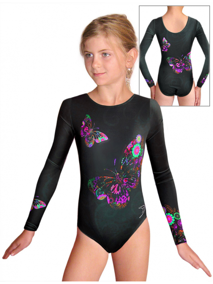 Gymnastický dres  D37d t139 černá s růžovými motýly