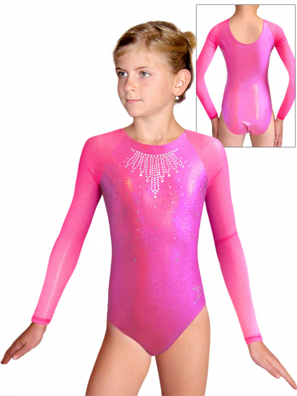 Gymnastický dres  D37d-9 F34 reflexní růžová třpytivá metalíza s tylovými rukávy