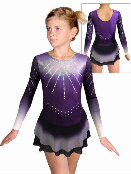 Krasobruslařské šaty - trikot K742 t228 F148r fialová třpytivá metalíza s tylovými rukávy