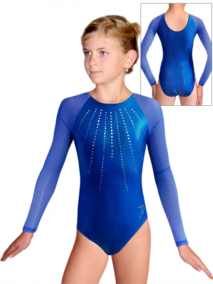 Gymnastický dres  D37d-9 F35 modrá třpytivá metalíza s tylovými rukávy