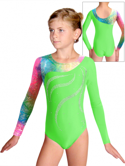 Gymnastický dres D37d-56xx v474 f132 reflexní zelená lesklá plavkovina