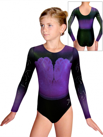 Gymnastický dres D37d t230 F146r černofialová třpytivá metalíza s tylovými rukávy