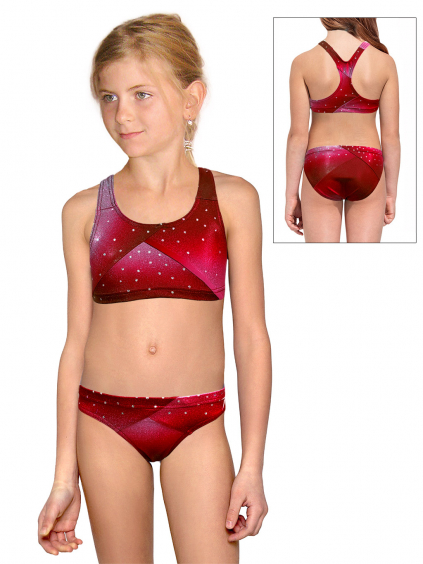 Dívčí sportovní plavky dvoudílné PD661 t235 červená třpytivá metalíza