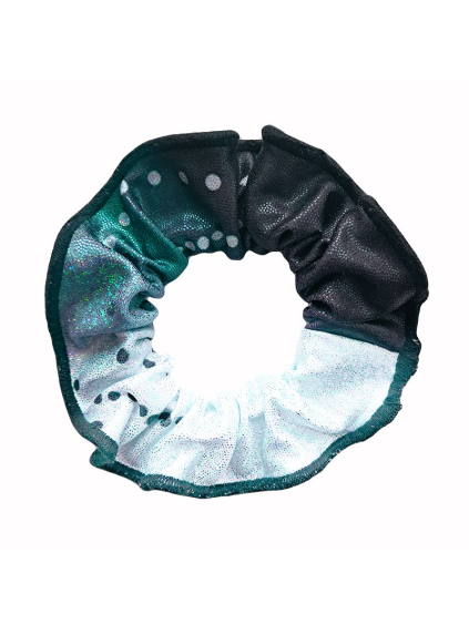 Gumička do vlasů - scrunchie - t237 černobílá s modrozelenou třpytivá metalíza