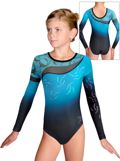 Gymnastický dres D37d-57xx t122 F166 černotyrkysová s elastickým tylem