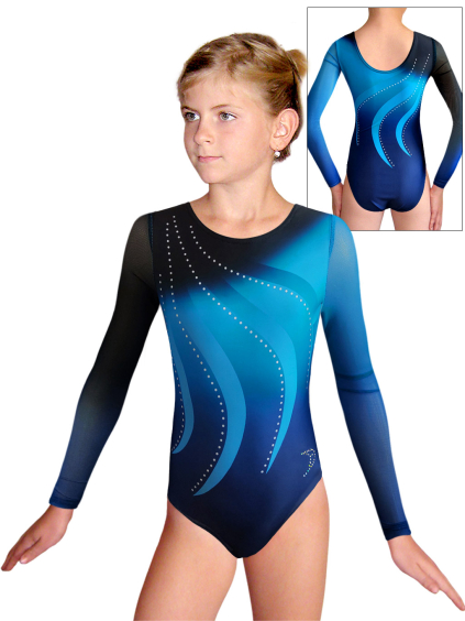 Gymnastický dres D37d t280x černotyrkysová s tylovými rukávy