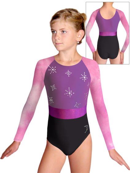 Gymnastický dres  D37d-49xx v365 černá lesklá plavkovina s tylovými rukávy