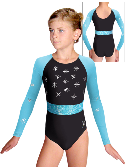 Gymnastický dres  D37d-49xx 26p černá lesklá plavkovina s tylovými rukávy