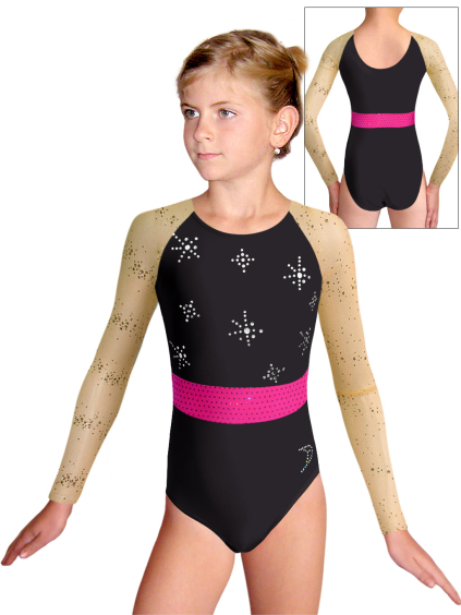 Gymnastický dres  D37d-49xx v491 černá lesklá plavkovina s tylovými rukávy