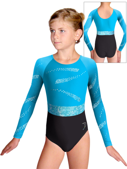 Gymnastický dres  D37d-49xx 21p černá lesklá plavkovina s tylovými rukávy