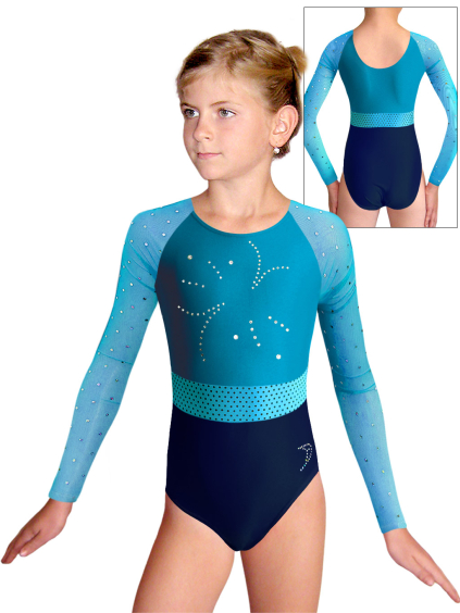 Gymnastický dres  D37d-49xx 21p tmavě modrá lesklá plavkovina s tylovými rukávy