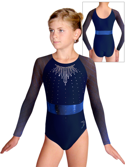 Gymnastický dres  D37d-49xx. V394 tmavě modrá lesklá plavkovina s tylovými rukávy