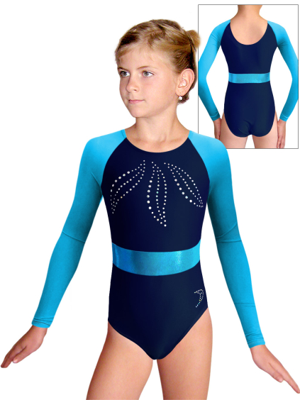 Gymnastický dres  D37d-49xx. 21p tmavě modrá lesklá plavkovina s tylovými rukávy