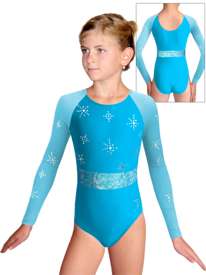 Gymnastický dres  D37d-49xx. 26p tyrkysová lesklá plavkovina s tylovými rukávy