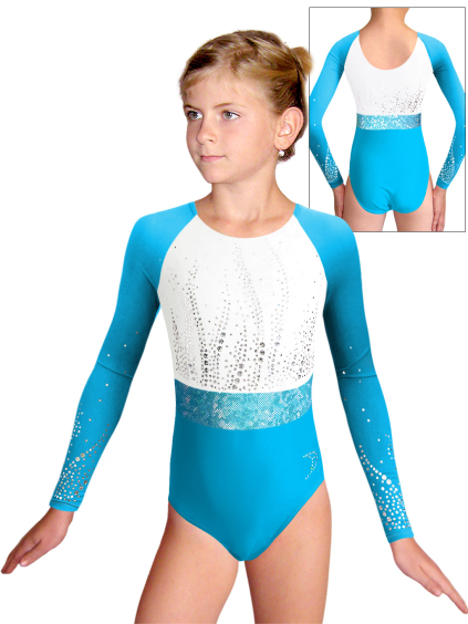 Gymnastický dres  D37d-49xx.. 21p tyrkysová lesklá plavkovina s tylovými rukávy