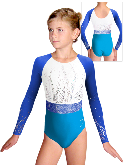 Gymnastický dres  D37d-49xx 06p bílá lesklá plavkovina s tylovými rukávy