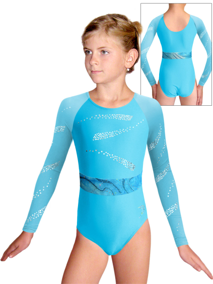 Gymnastický dres  D37d-49xx. 26p světle tyrkysová lesklá plavkovina s tylovými rukávy