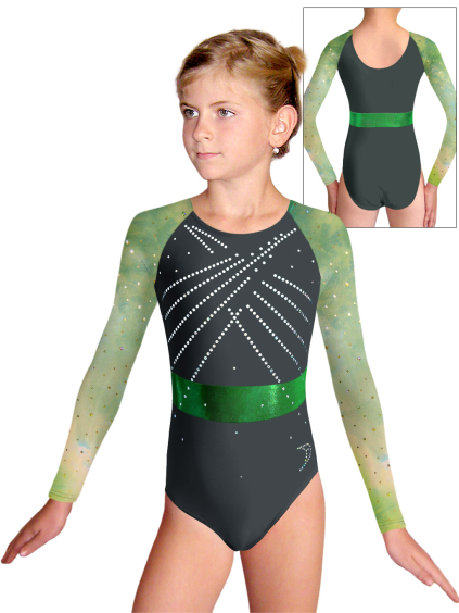 Gymnastický dres  D37d-49xx v278 tmavě šedá lesklá plavkovina s tylovými rukávy