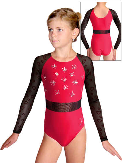 Gymnastický dres  D37d-49xx v395 červená lesklá plavkovina s tylovými rukávy