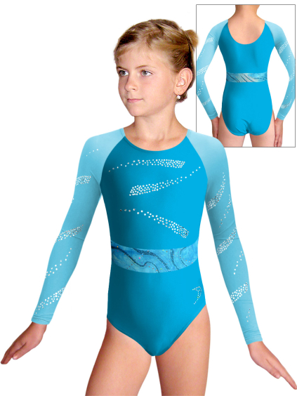 Gymnastický dres  D37d-49xx 06p 26p modrá lesklá plavkovina s tylovými rukávy