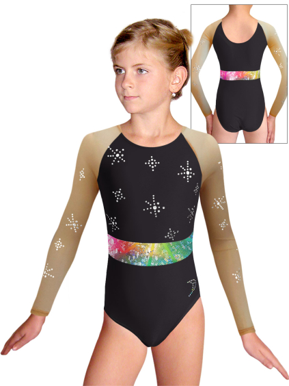 Gymnastický dres  D37d-49xx betyl černá matná plavkovina s tylovými rukávy