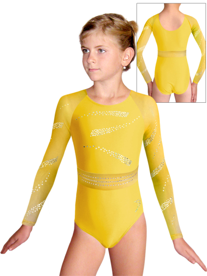 Gymnastický dres  D37d-49xx 02tyl žlutá matná plavkovina s tylovými rukávy