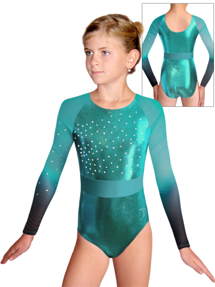 Gymnastický dres  D37d-49xx t146 zelenomodrá metalíza s tylovými rukávy