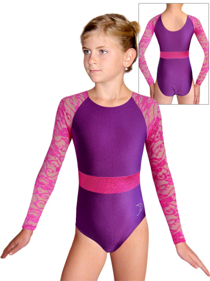 Gymnastický dres  D37d-49xx rkr fialová lesklá plavkovina s krajkovými rukávy