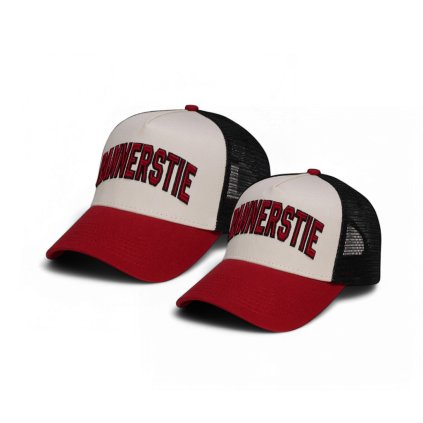 Trucker šiltovky RANNERSTIE Base Solid bežová/červená/čierna v rodinnom sete 1+1, set trucker šiltovka a detská šiltovka