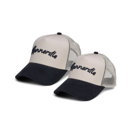 Trucker šiltovky RANNERSTIE Variant Scripted bežová/tmavo modrá v rodinnom sete 1+1, set dospelej a detskej šiltovky so sieťkou