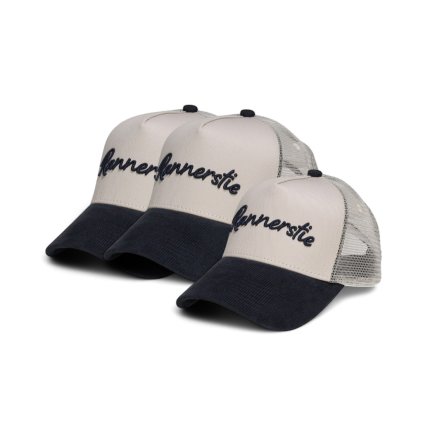 Trucker šiltovky RANNERSTIE Variant Scripted bežová/tmavo modrá v rodinnom sete 2+1, set dva krát trucker šiltovka a jedna detská šiltovka