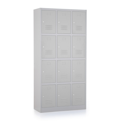 Kovová šatní skříňka - 12 boxů, 90 x 45 x 185 cm, cylindrický zámek, šedá - ral 7035