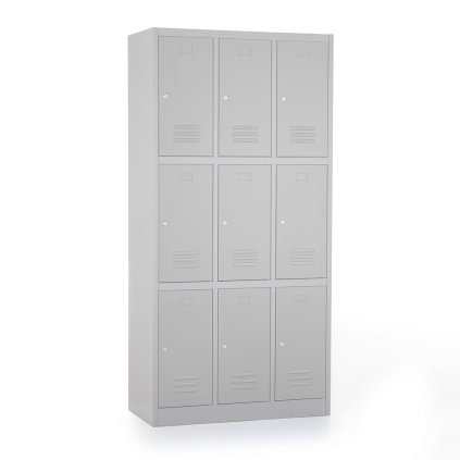 Kovová šatní skříňka - 9 boxů, 90 x 45 x 185 cm, cylindrický zámek, šedá - ral 7035
